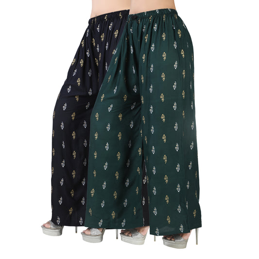 4K Fashion Women’s Rayon Palazzo Combo Pack (Black & Green) | Printed Wide Leg Palazzo Pants for Women