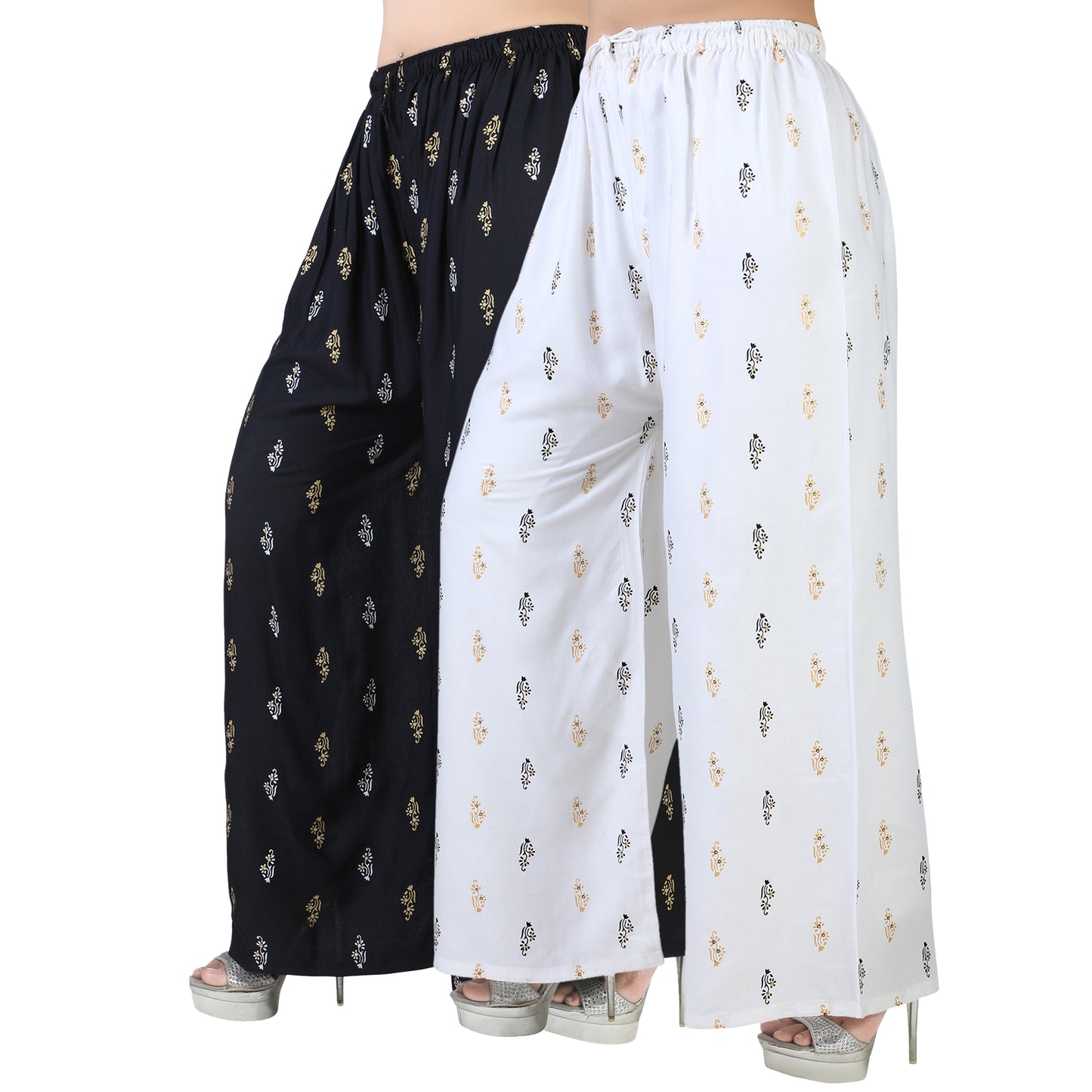 4K Fashion Women’s Rayon Palazzo Combo Pack (Black & White) | Printed Wide Leg Palazzo Pants for Women