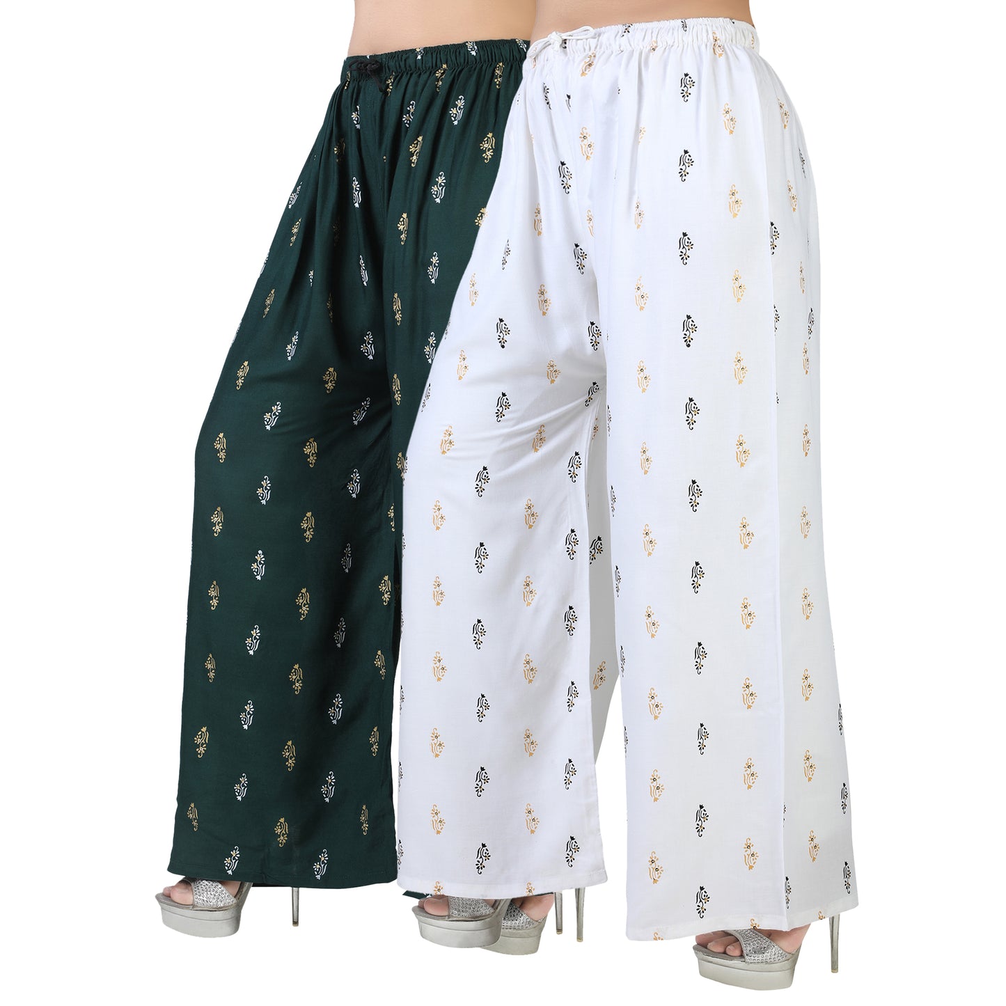 4K Fashion Women’s Rayon Palazzo Combo Pack (Green & White) | Printed Wide Leg Palazzo Pants for Women