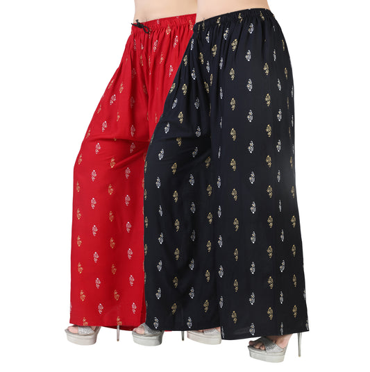 4K Fashion Women’s Rayon Palazzo Combo Pack (Red & Black) | Printed Wide Leg Palazzo Pants for Women