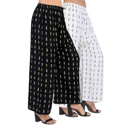 4K Fashion D19 Women’s Rayon Palazzo Combo Pack (Black & White) | Printed Wide Leg Palazzo Pants for Women