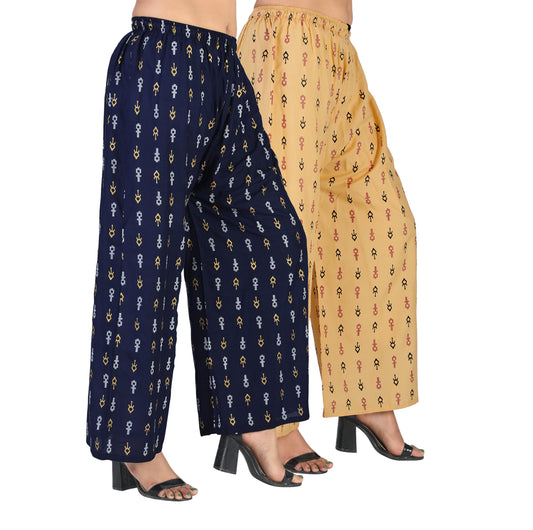 4K Fashion D19 Women’s Rayon Palazzo Combo Pack (Blue & Golden) | Printed Wide Leg Palazzo Pants for Women