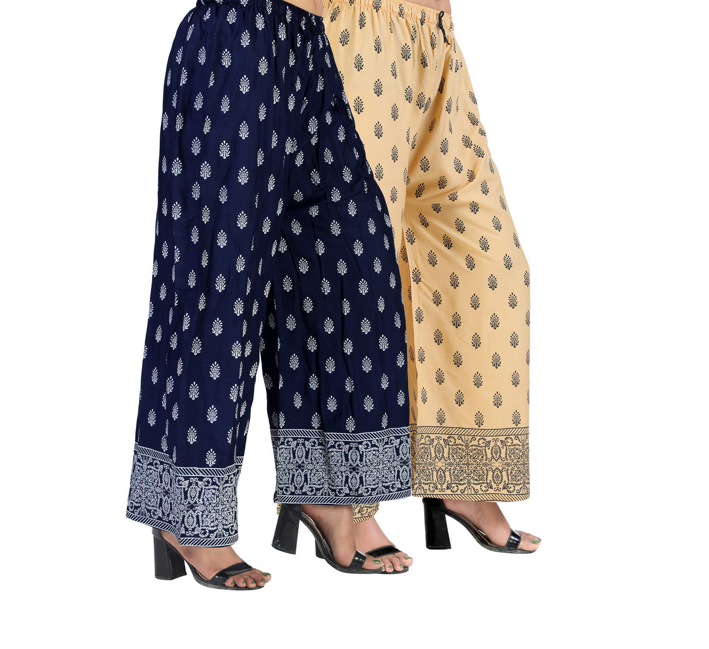 4K Fashion D13 Women’s Rayon Palazzo Combo Pack (Blue & Golden) | Printed Wide Leg Palazzo Pants for Women