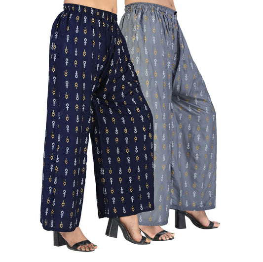 4K Fashion D19 Women’s Rayon Palazzo Combo Pack (Blue & Grey) | Printed Wide Leg Palazzo Pants for Women