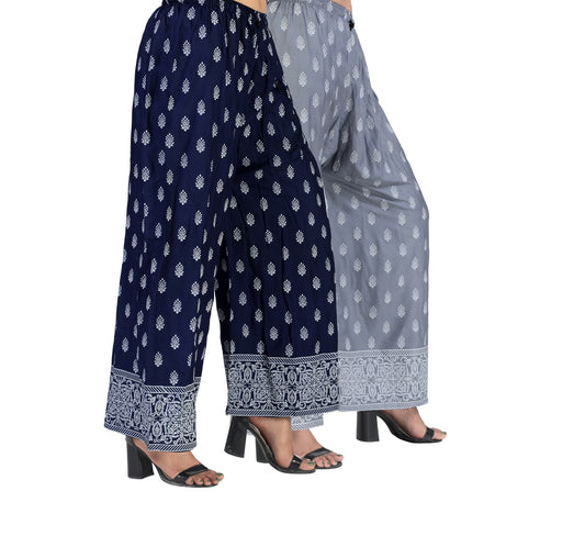 4K Fashion D13 Women’s Rayon Palazzo Combo Pack (Blue & Grey) | Printed Wide Leg Palazzo Pants for Women