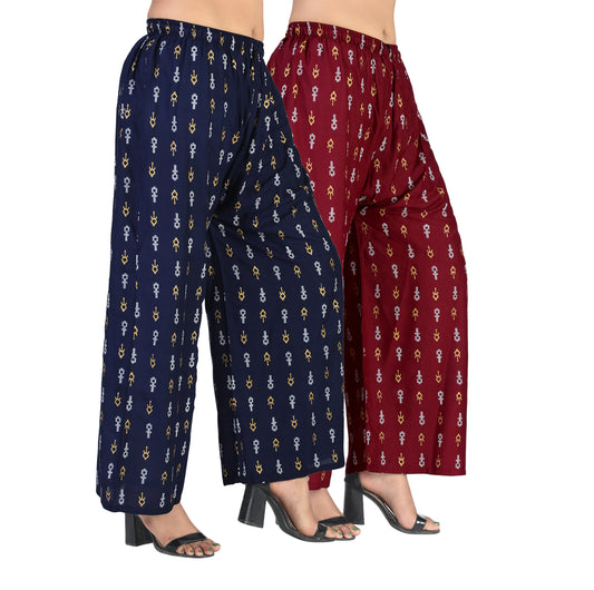 4K Fashion D19 Women’s Rayon Palazzo Combo Pack (Blue & Maroon) | Printed Wide Leg Palazzo Pants for Women