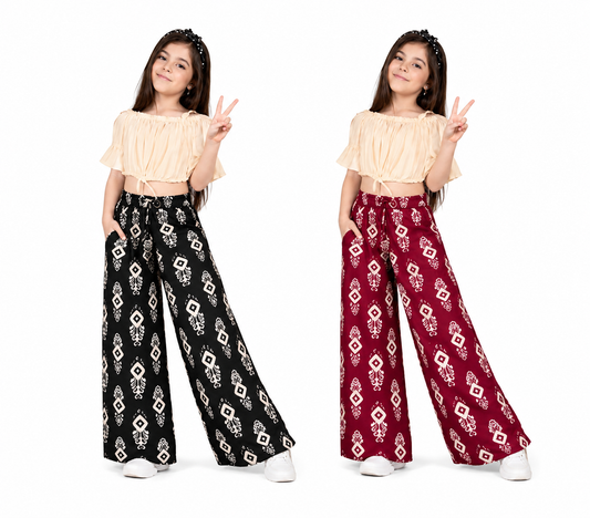 Girls Printed Palazzo Pants Combo Pack (Black & Maroon) | Kids Wide Leg Palazzo Pants with Pocket & Elastic Waist | Stylish Palazzo Set for Girls