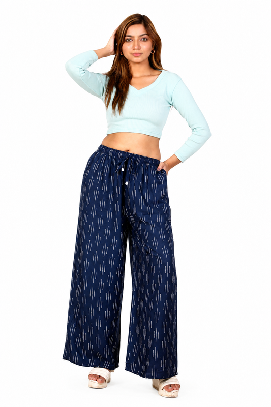 4K Fashion Women Rayon Palazzo Pants with Pocket | Elastic Waist & Drawstring | Dark Blue