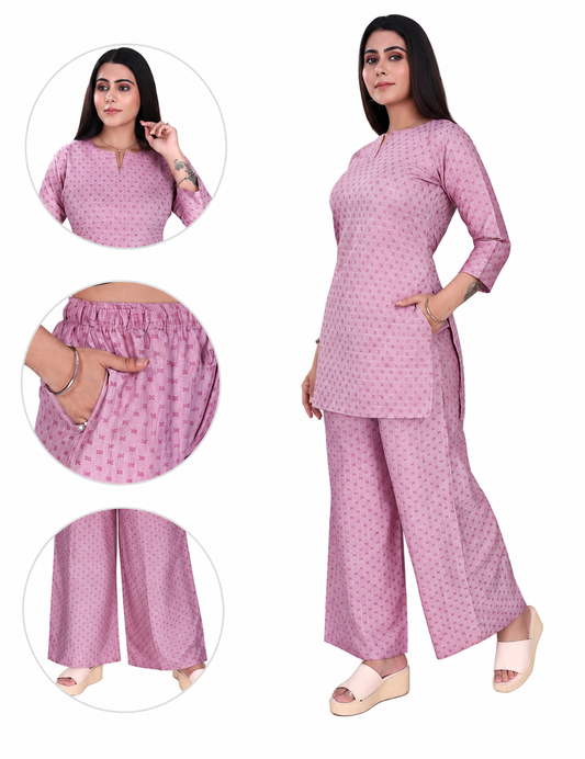 4K Fashion Women Dobi Co-Ord Set with Palazzo Pant & Pocket | Elastic Waist & Drawstring | Magenta