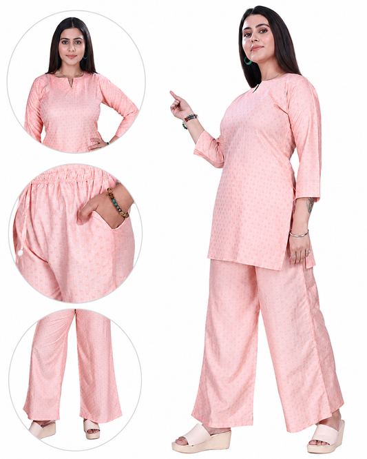 4K Fashion Women Dobi Co-Ord Set with Palazzo Pant & Pocket | Elastic Waist & Drawstring | Peach