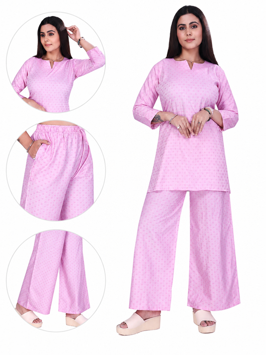 4K Fashion Women Dobi Co-Ord Set with Palazzo Pant & Pocket | Elastic Waist & Drawstring | Pink