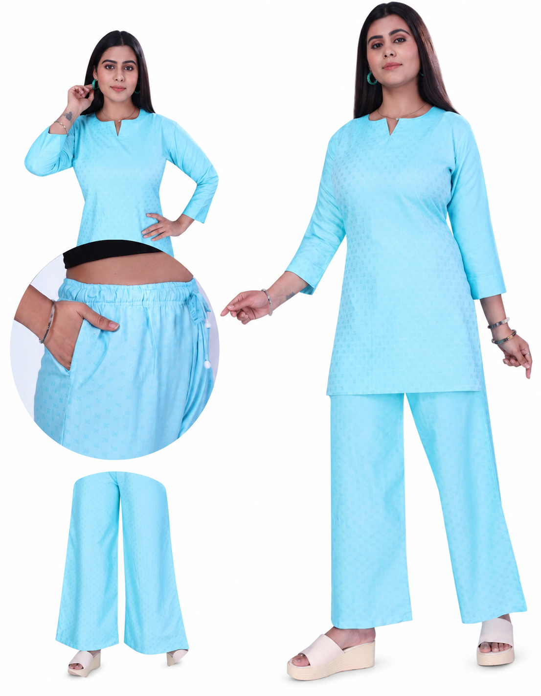 4K Fashion Women Dobi Co-Ord Set with Palazzo Pant & Pocket | Elastic Waist & Drawstring |