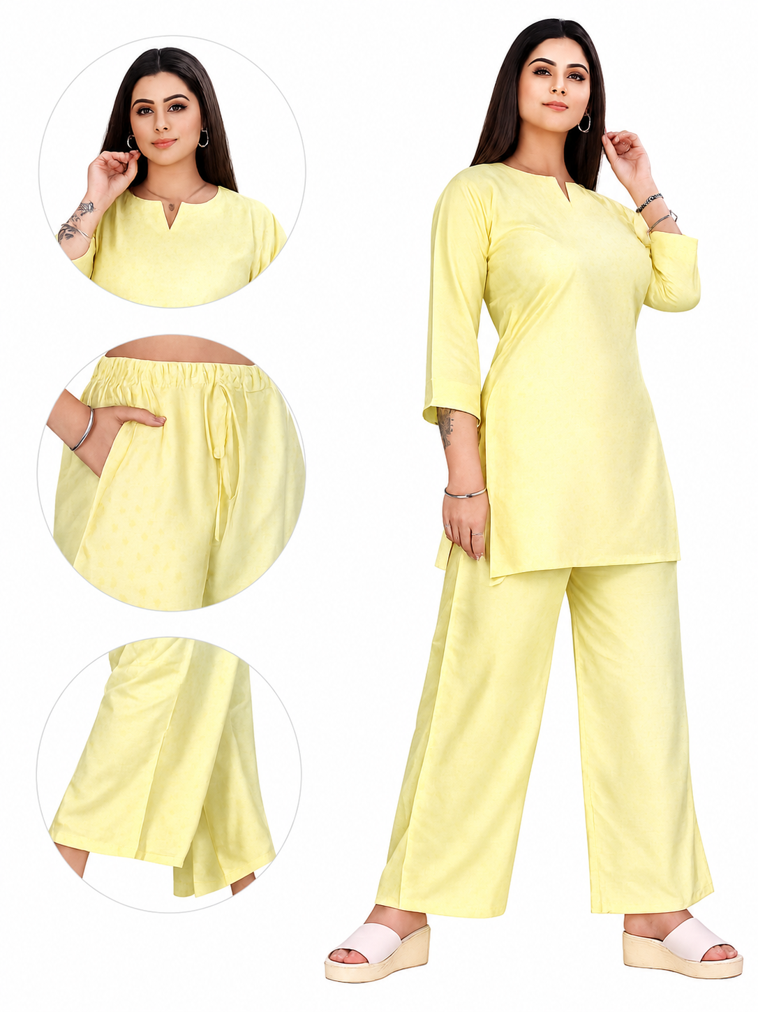 4K Fashion Women Dobi Co-Ord Set with Palazzo Pant & Pocket | Elastic Waist & Drawstring | Yellow