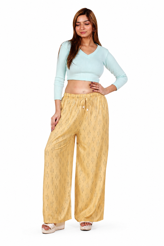 4K Fashion Women Rayon Palazzo Pants with Pocket | Elastic Waist & Drawstring | Golden