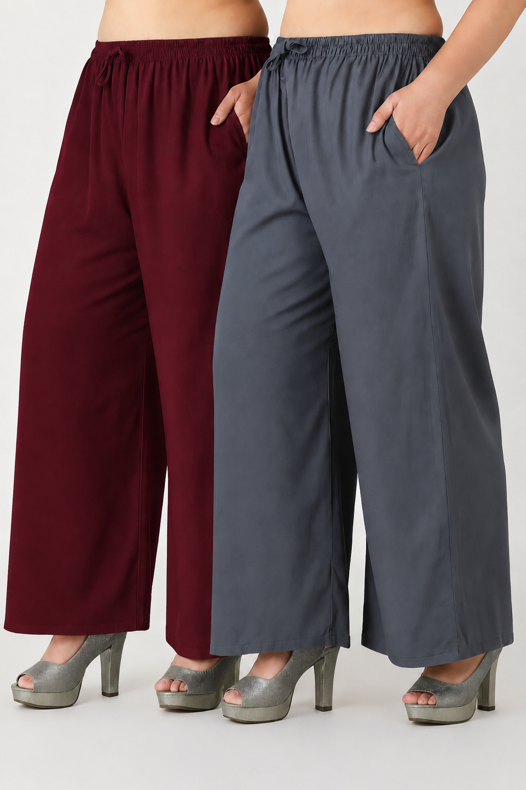 4K Fashion Women Rayon Plain Combo Palazzo with Pocket | Elastic Waist & Drawstring | Maroon & Grey