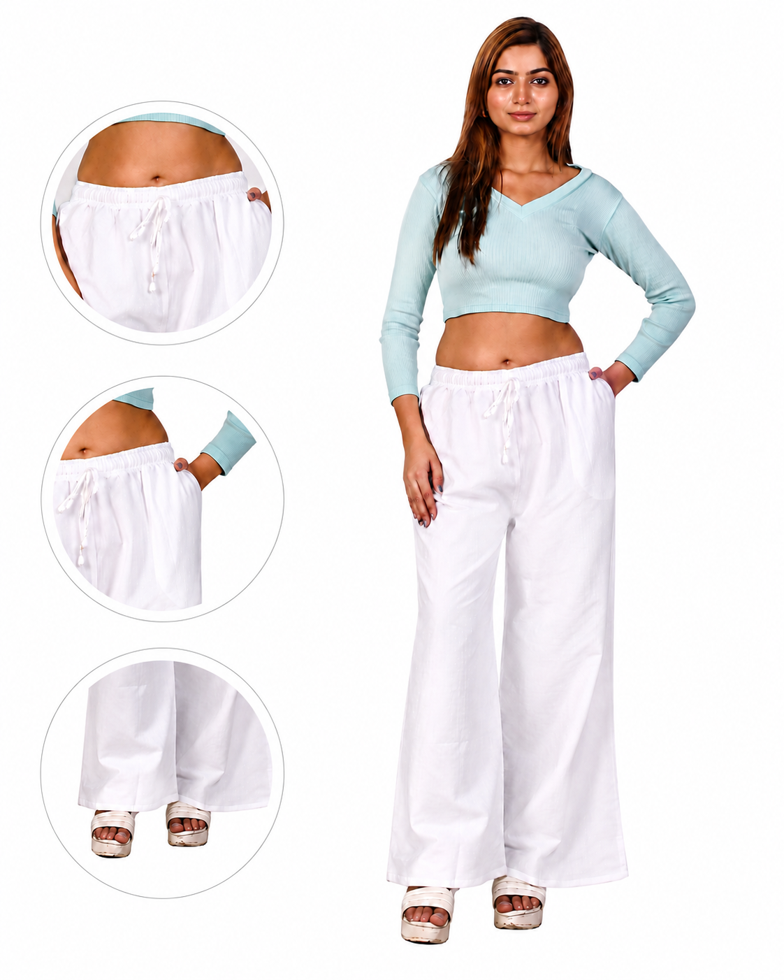 4K Fashion Women Rayon Dobi Single Palazzo with Pocket | Elastic Waist & Drawstring | White