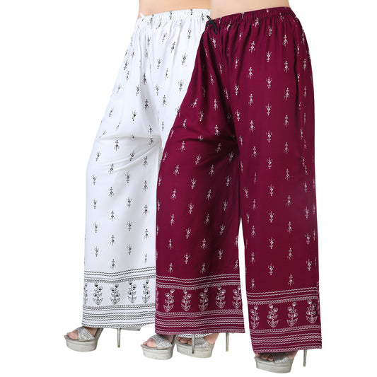 4K Fashion D2 Women’s Rayon Palazzo Combo Pack (White & Maroon) | Printed Wide Leg Palazzo Pants for Women