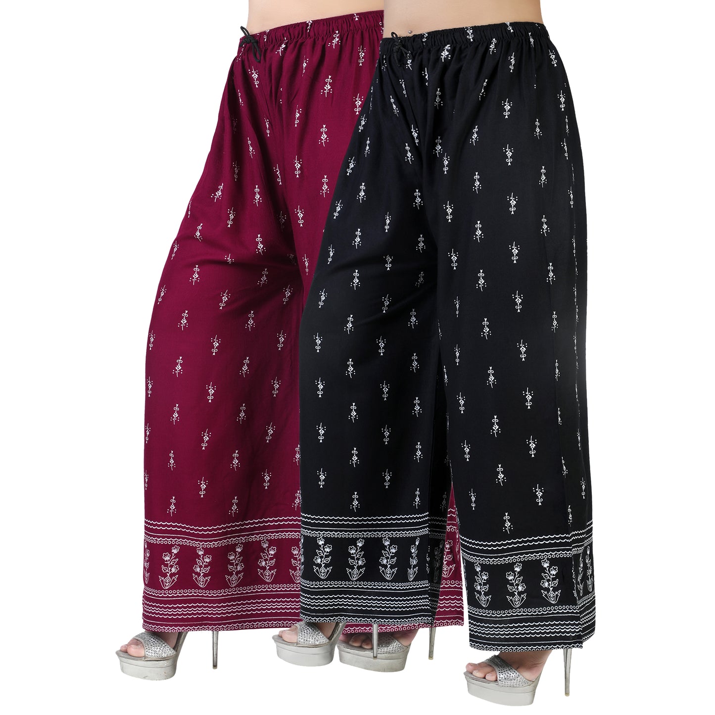 4K Fashion D2 Women’s Rayon Palazzo Combo Pack (Maroon & Black) | Printed Wide Leg Palazzo Pants for Women