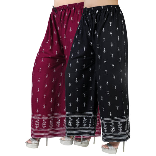 4K Fashion D2 Women’s Rayon Palazzo Combo Pack (Maroon & Black) | Printed Wide Leg Palazzo Pants for Women