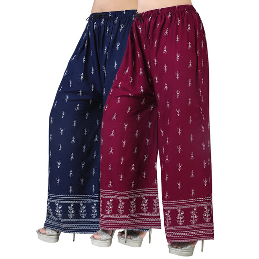 4K Fashion D2 Women’s Rayon Palazzo Combo Pack (Blue & Maroon) | Printed Wide Leg Palazzo Pants for Women