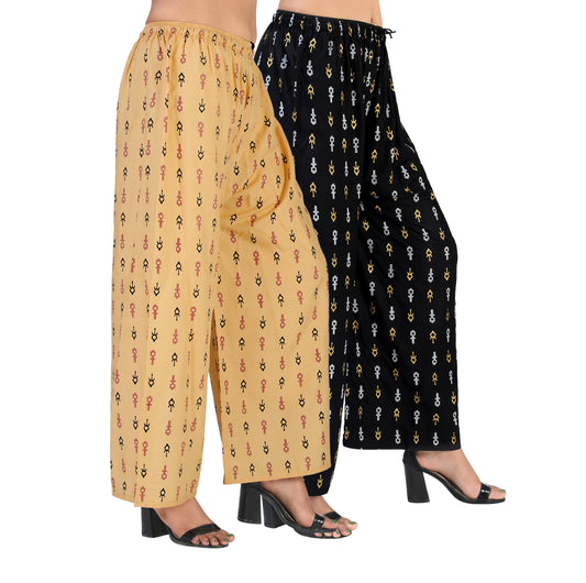 4K Fashion D19 Women’s Rayon Palazzo Combo Pack (Golden & Black) | Printed Wide Leg Palazzo Pants for Women