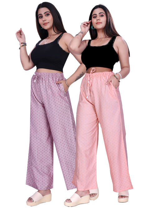 4K Fashion Women Rayon Dobi Combo Palazzo Pants with Pocket | Elastic Waist & Drawstring | Magenta & Peach
