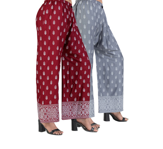 4K Fashion D13 Women’s Rayon Palazzo Combo Pack (Maroon & Grey) | Printed Wide Leg Palazzo Pants for Women