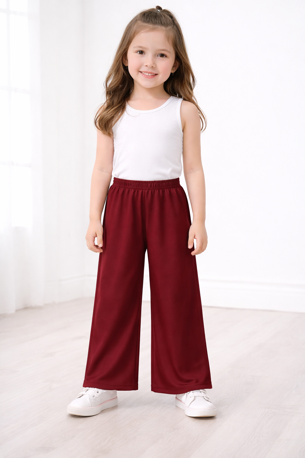 Girls Plain Maroon Palazzo Pants | Kids Wide Leg Palazzo with Elastic Waist | Comfortable Daily Wear Palazzo for Girls