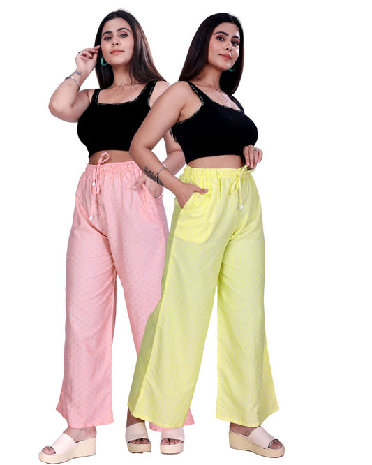 4K Fashion Women Rayon Dobi Combo Palazzo Pants with Pocket | Elastic Waist & Drawstring | Peach & Yellow