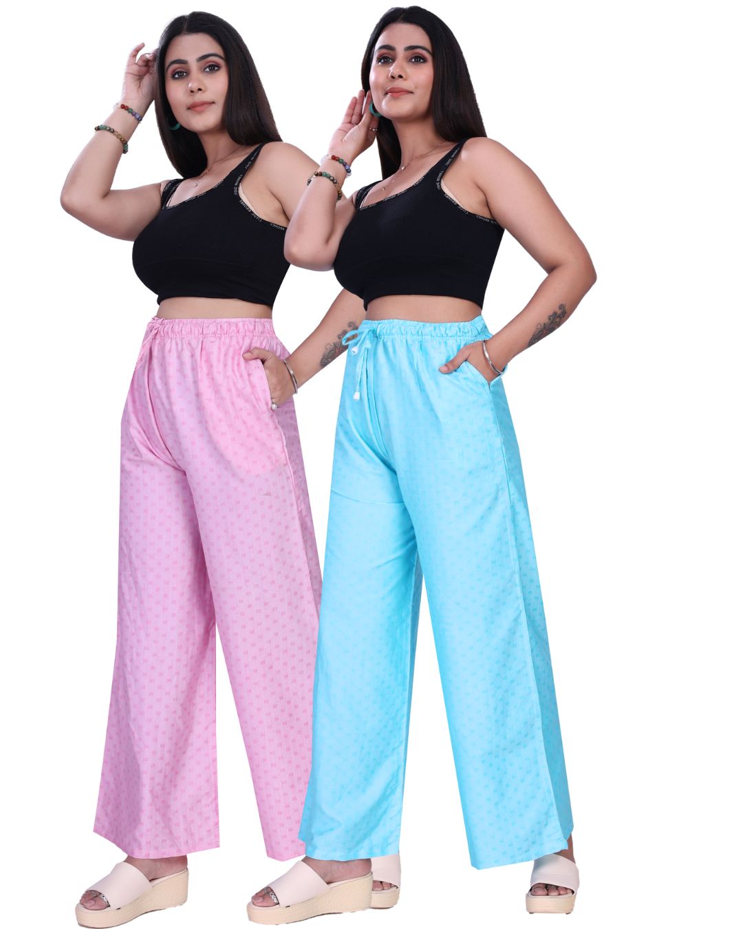 4K Fashion Women Rayon Dobi Combo Palazzo Pants with Pocket | Elastic Waist & Drawstring | Pink & Sky Blue