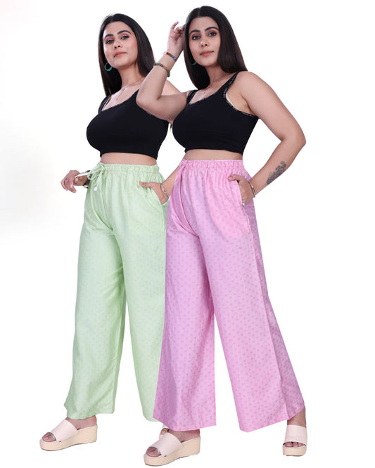 4K Fashion Women Rayon Dobi Combo Palazzo Pants with Pocket | Elastic Waist & Drawstring | Pista & Pink
