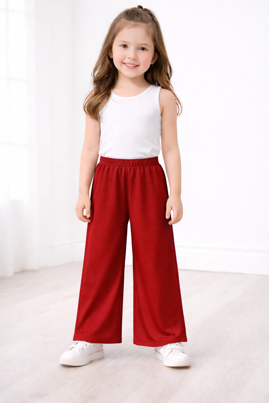 Girls Plain Red Palazzo Pants | Kids Wide Leg Palazzo with Elastic Waist | Comfortable Daily Wear Palazzo for Girls