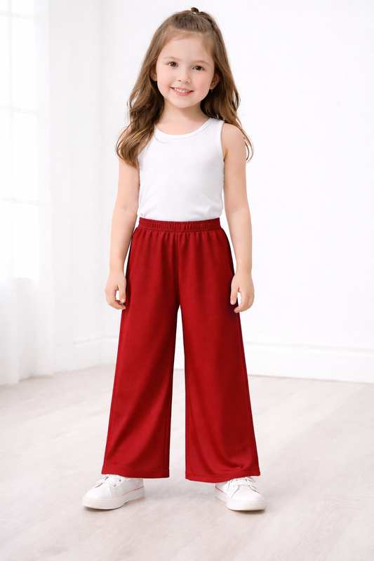Girls Plain Red Palazzo Pants | Kids Wide Leg Palazzo with Elastic Waist | Comfortable Daily Wear Palazzo for Girls