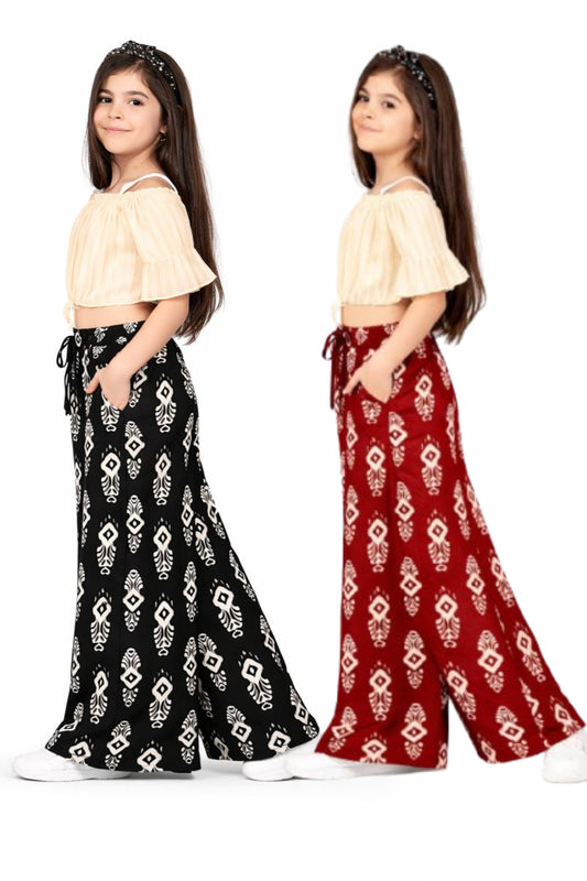 Girls Printed Palazzo Pants Combo Pack (Black & Maroon) | Kids Wide Leg Palazzo Pants with Pocket & Elastic Waist | Stylish Palazzo Set for Girls