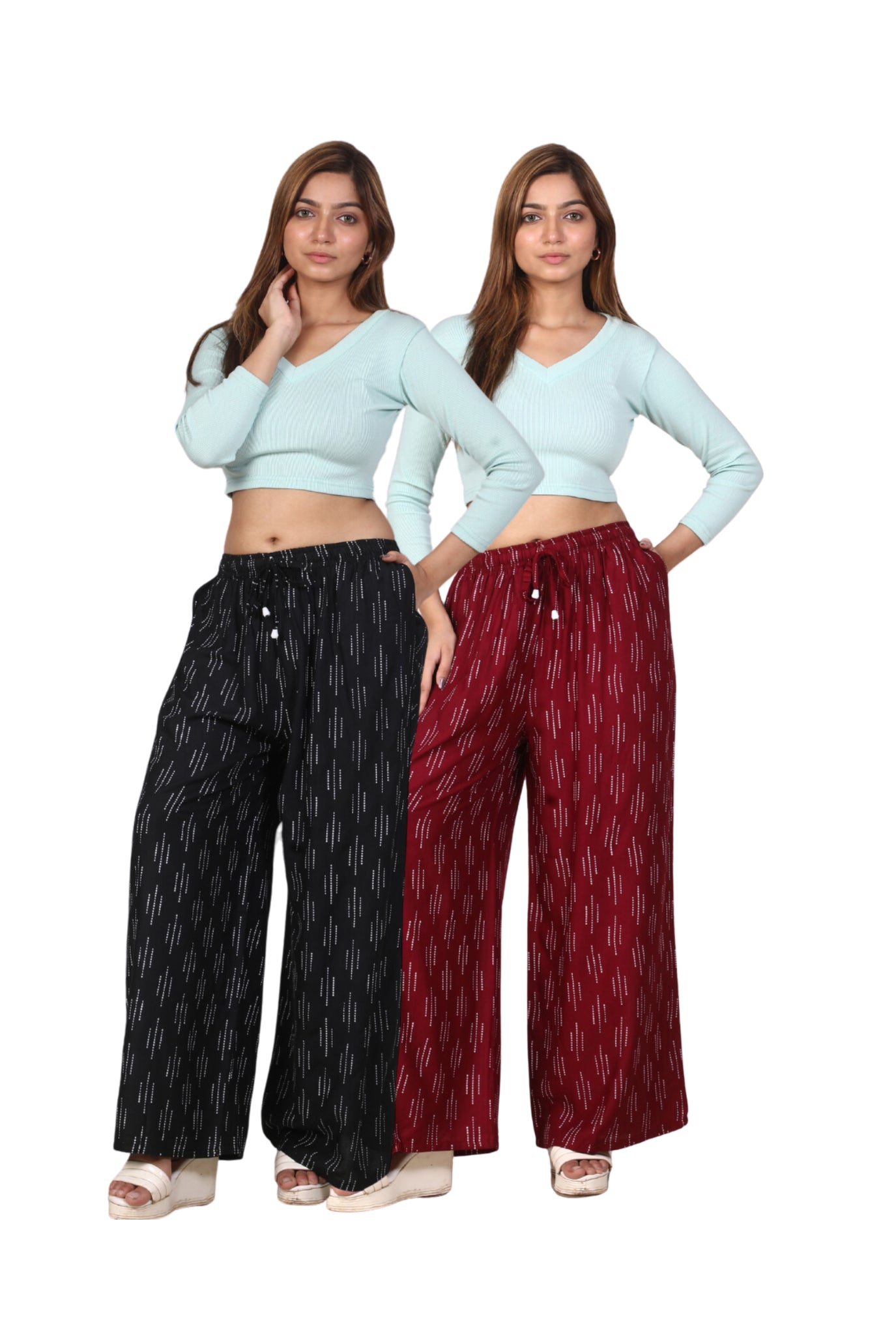 4K Fashion Women Rayon Combo Palazzo with Pocket | Elastic Waist & Drawstring | Black & Maroon