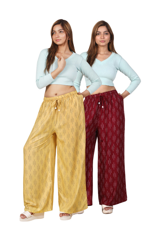 4K Fashion Women Rayon Combo Palazzo with Pocket | Elastic Waist & Drawstring | Golden & Maroon