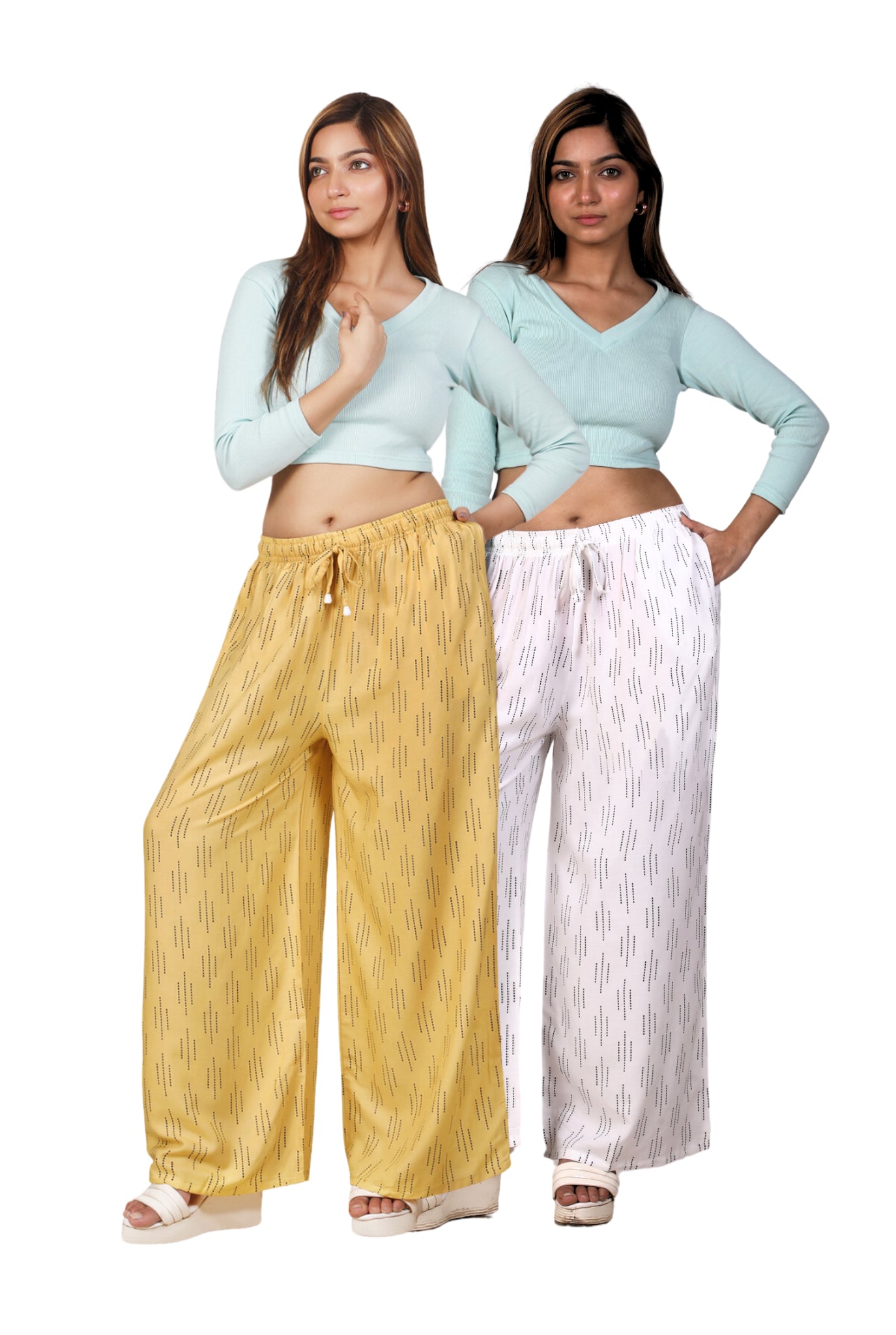 4K Fashion Women Rayon Combo Palazzo with Pocket | Elastic Waist & Drawstring | Golden & White