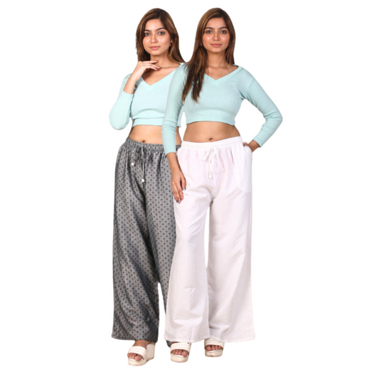 4K Fashion Women Rayon Dobi Combo Palazzo Pants with Pocket | Elastic Waist & Drawstring | White & Grey