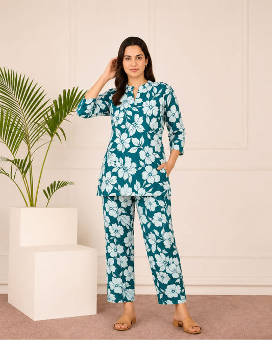 4K Fashion Women Black Co-Ord Set with Pant | Floral Print Kurti Pant Set | Both Side Pocket | Elastic Waist & Drawstring | Green