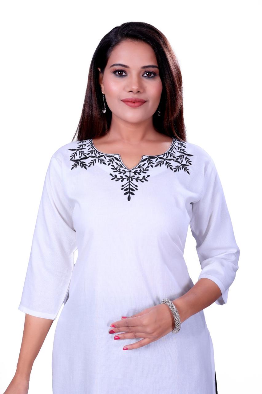 4K Fashion Women Short Kurti | Rayon Fabric | Embroidery Work on Neck | 3/4 Sleeve | White