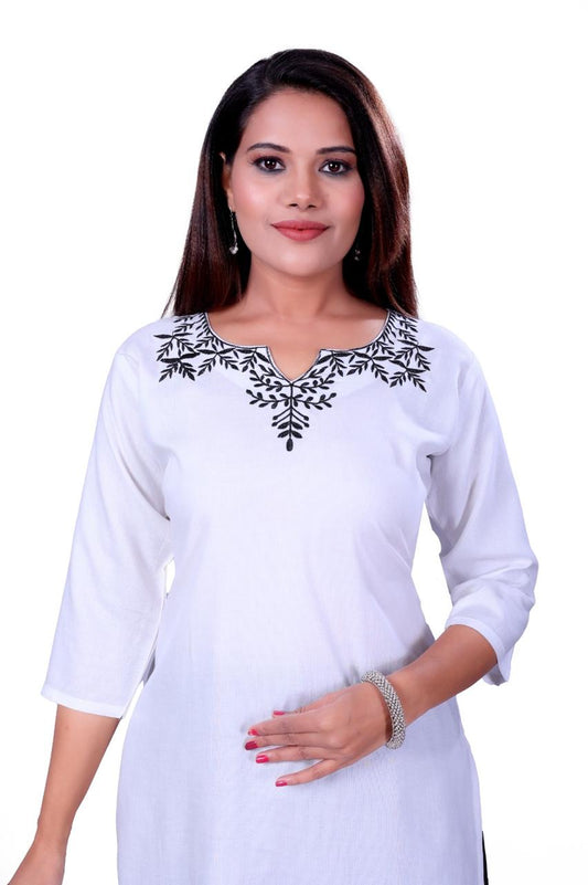 4K Fashion Women Short Kurti | Rayon Fabric | Embroidery Work on Neck | 3/4 Sleeve | White