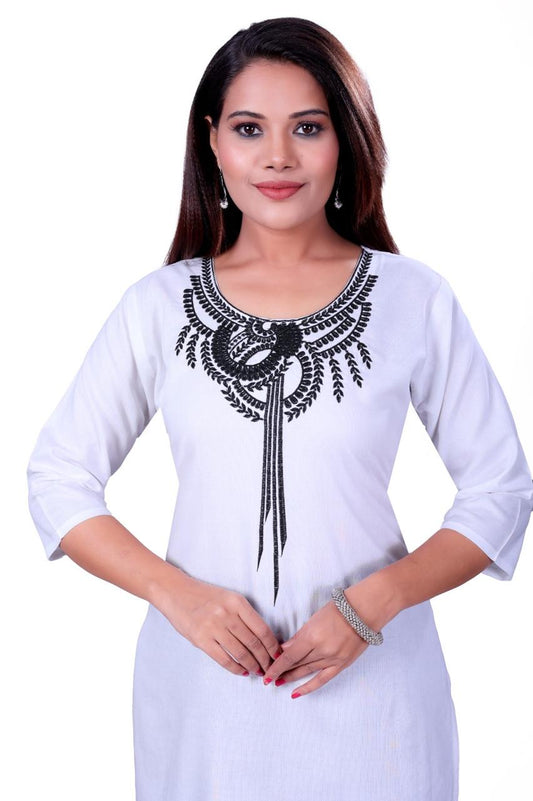 4K Fashion Women Short Kurti | Rayon Fabric | Heavy Embroidery Work on Neck | 3/4 Sleeve | White