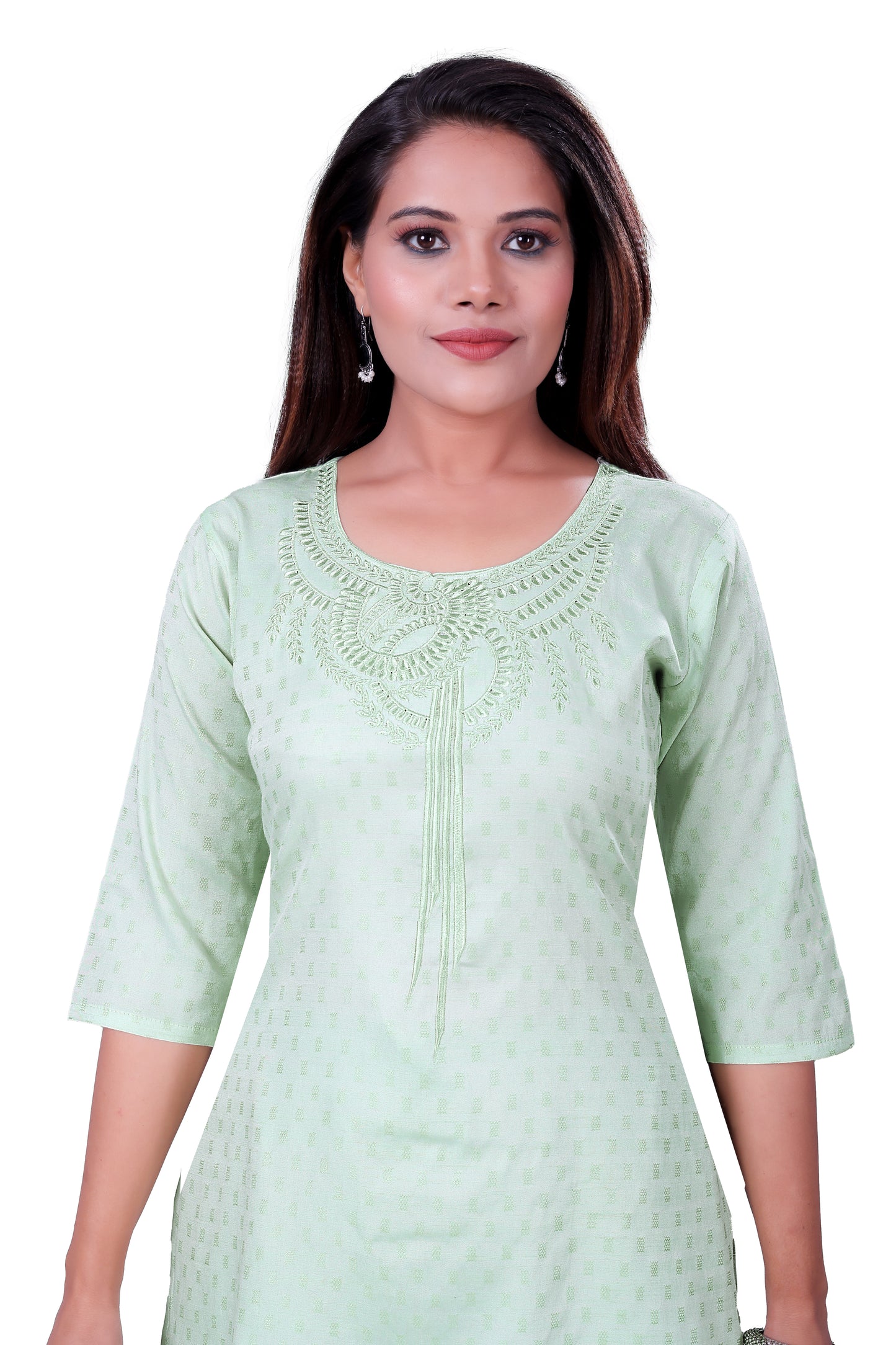 4K Fashion Women Short Kurti | Rayon Fabric | Heavy Embroidery Work on Neck | 3/4 Sleeve | Light Green