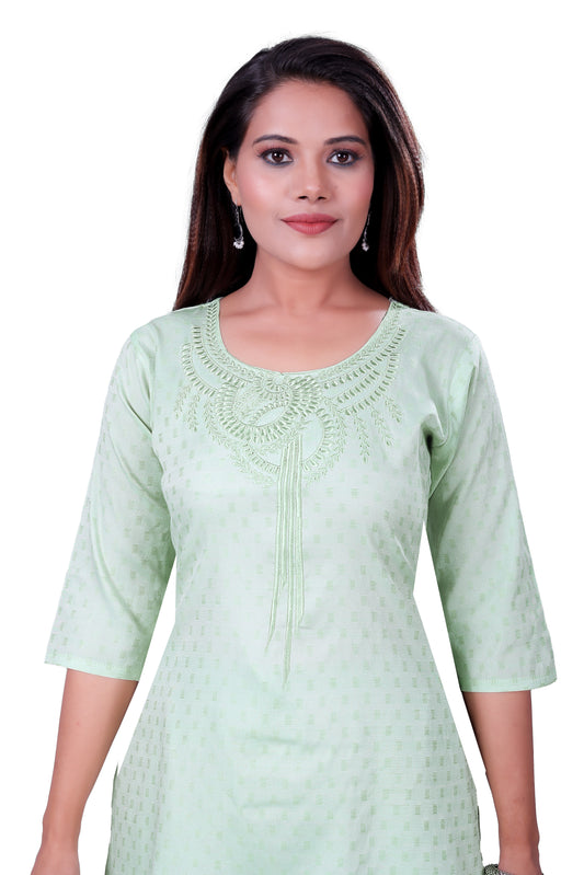 4K Fashion Women Short Kurti | Rayon Fabric | Heavy Embroidery Work on Neck | 3/4 Sleeve | Light Green