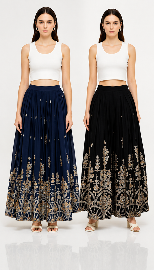 4K Fashion Women’s Sarina Printed Palazzo Combo Pack (Blue & Black) | Designer Wide Leg Palazzo Pants for Women