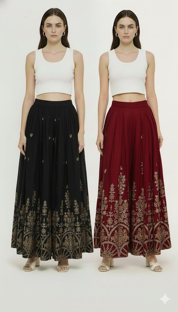 4K Fashion Women’s Sarina Printed Palazzo Combo Pack (Black & Maroon) | Designer Wide Leg Palazzo Pants for Women