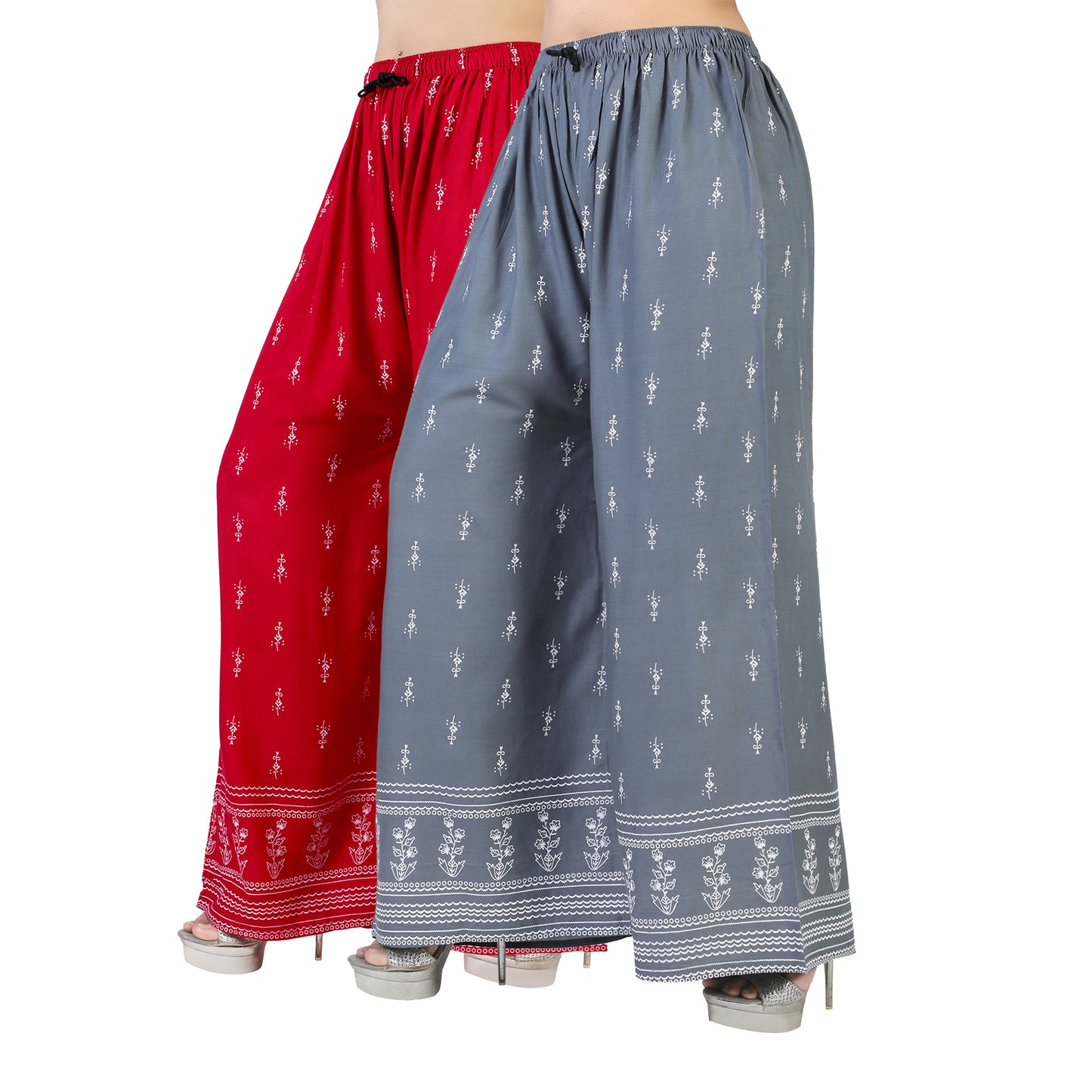 4K Fashion D2 Women’s Rayon Palazzo Combo Pack (Red & Grey) | Printed Wide Leg Palazzo Pants for Women