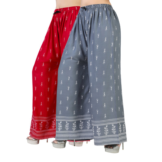 4K Fashion D2 Women’s Rayon Palazzo Combo Pack (Red & Grey) | Printed Wide Leg Palazzo Pants for Women