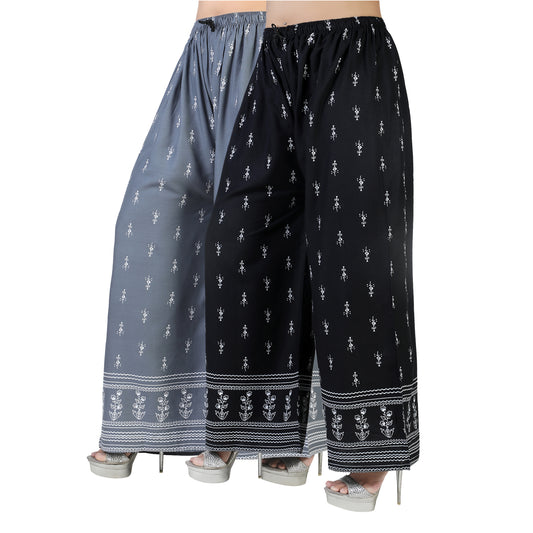 4K Fashion D2 Women’s Rayon Palazzo Combo Pack (Grey & Black) | Printed Wide Leg Palazzo Pants for Women