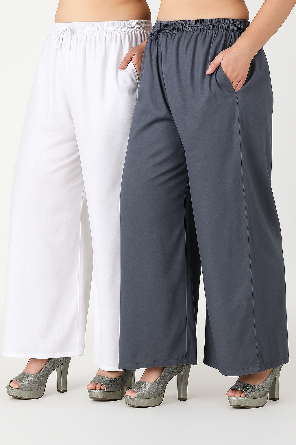 4K Fashion Women Rayon Plain Combo Palazzo with Pocket | Elastic Waist & Drawstring | White & Grey